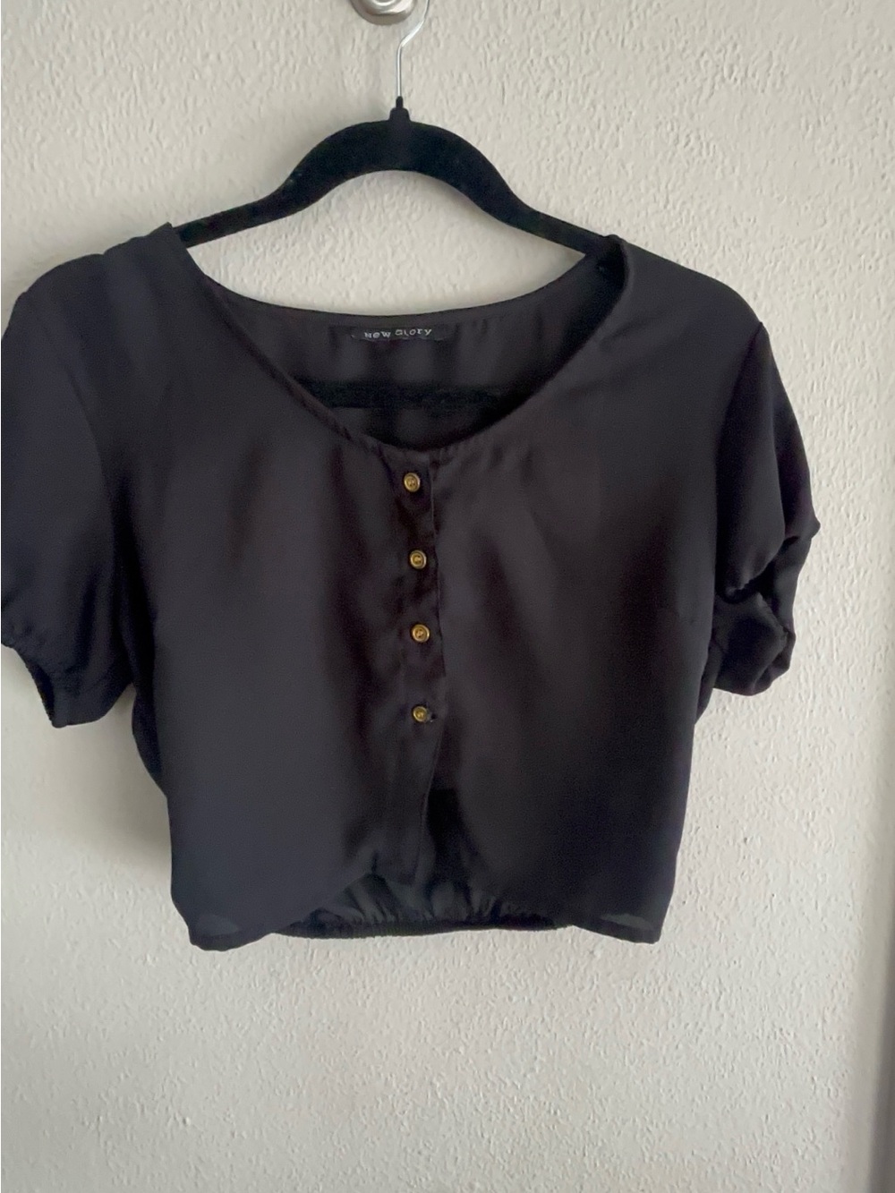 Black Cropped Blouse Puff Sleeve Button Front Top Size Medium